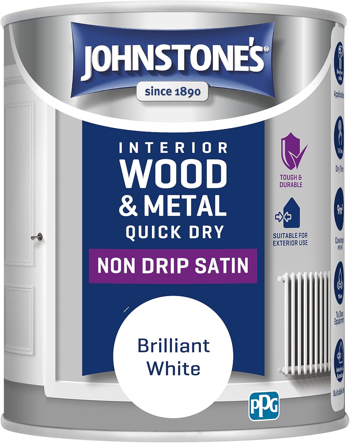 Johnstone's 303912 750 ml One Coat Quick Dry Satin Paint - Brilliant White