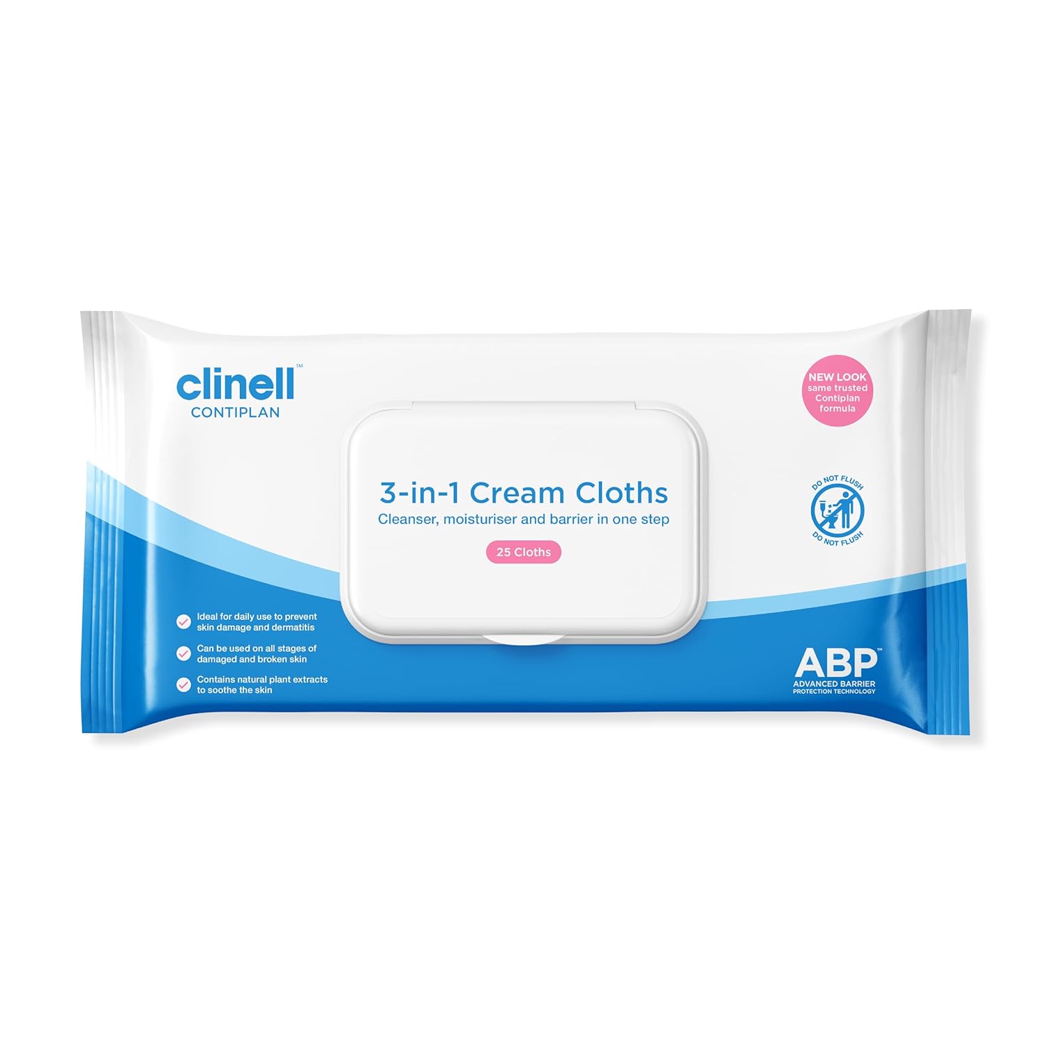 Clinell CONTIPLAN Incontinence Cleansing Cloths with Barrier Cream - All in One Cleansing Wipes Cleanses, Soothes and Moisturises - Pack of 25 Cloths