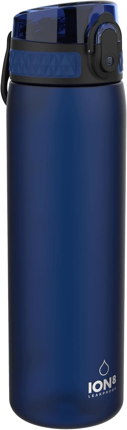 Ion8 Water Bottle, 500 ml/18 oz, Leak Proof, Easy to Open, Secure Lock, Dishwasher Safe, BPA Free, Hygienic Flip Cover, Carry Handle, Fits Cup Holders, Easy Clean, Carbon Neutral, Navy Blue