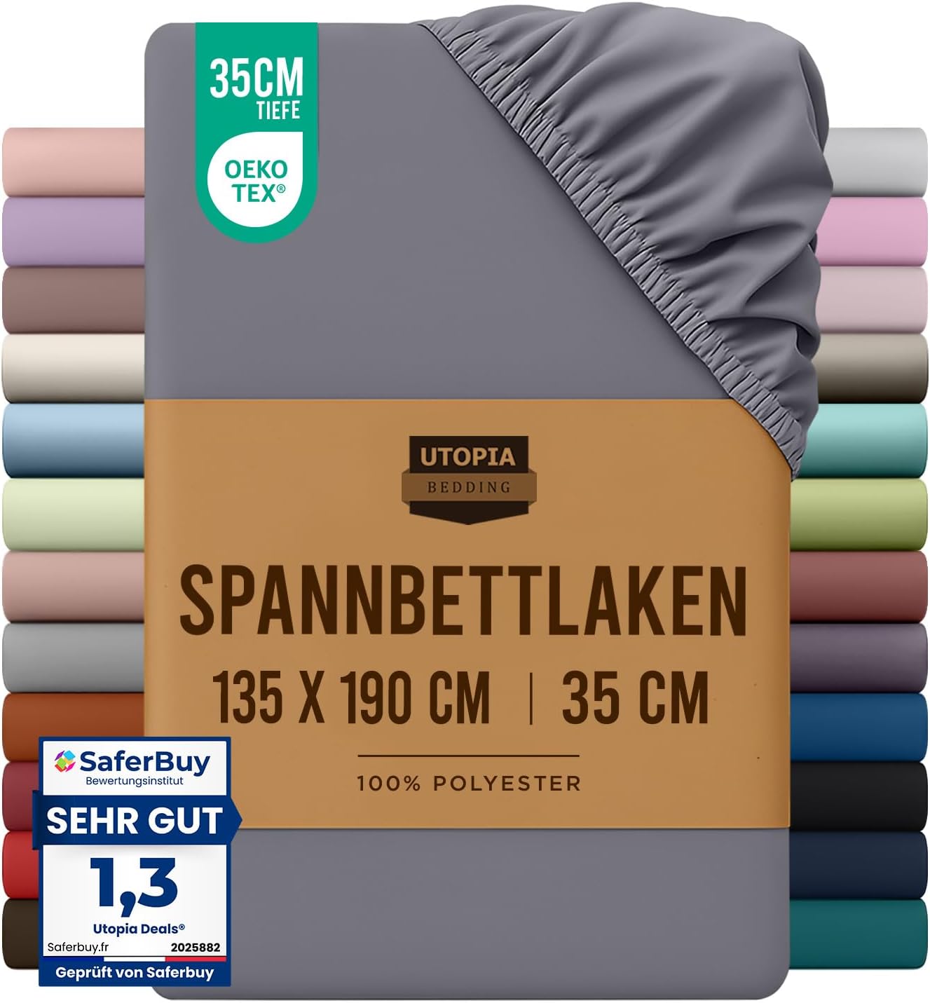 Utopia Bedding, Fitted Sheet, 135 x 190 cm, Grey, Oeko-Tex Certified, Brushed Microfibre, 35 cm Deep Pockets