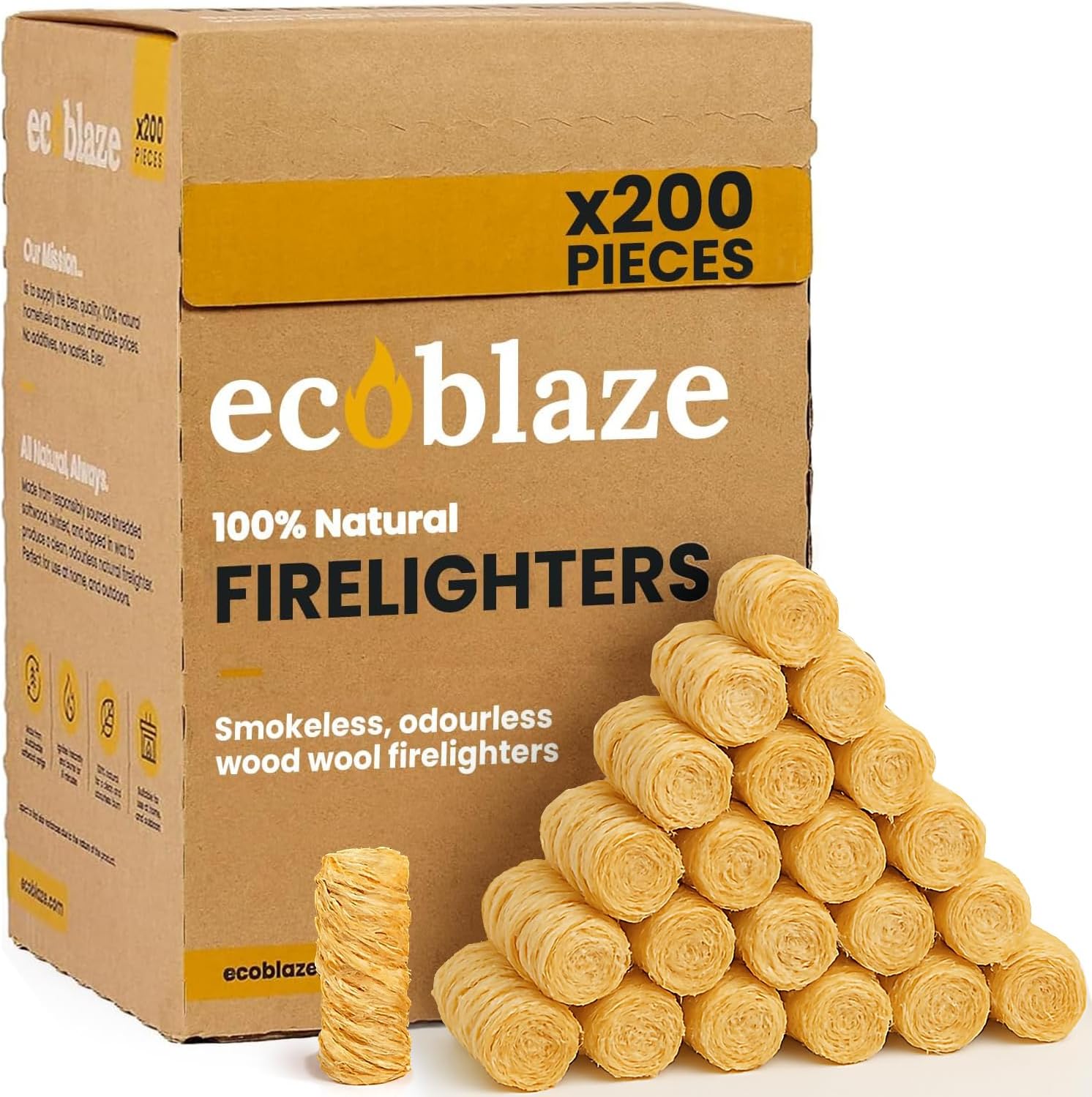 200 Firelighters - Ecoblaze Natural Firelighters | Fast lighting & Odourless, Fire Lighters For Wood Burners & BBQ Ovens, Stoves & Fireplaces