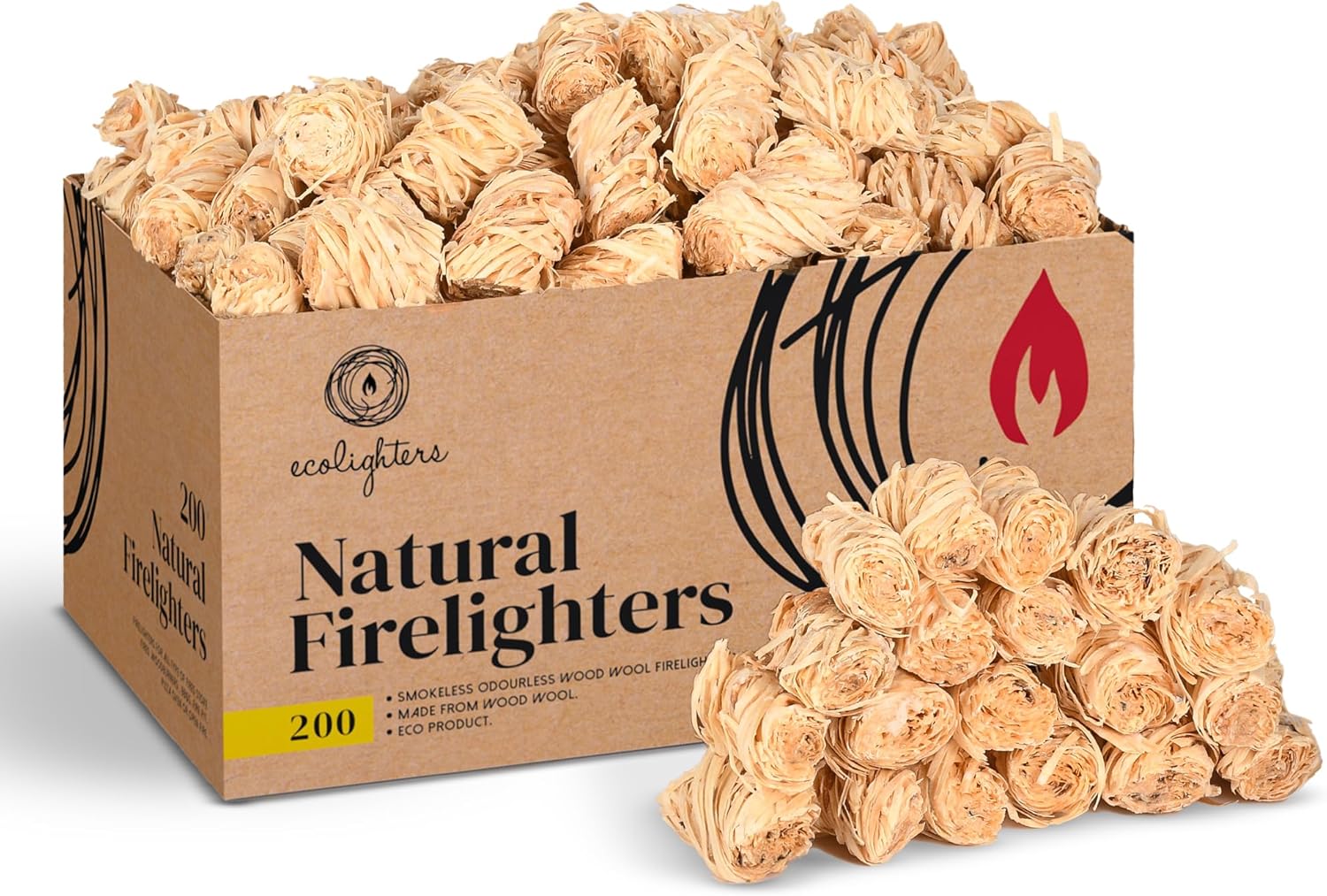 200 Natural Firelighters for Wood Burners, Fire Lighters, Firelighter for Stove, BBQ cooking, Wood Wool Fire Starters for Stoves and Wood Burner - Barbecue, Fire Pit, Pizza Oven. Large Box, 2.2KG