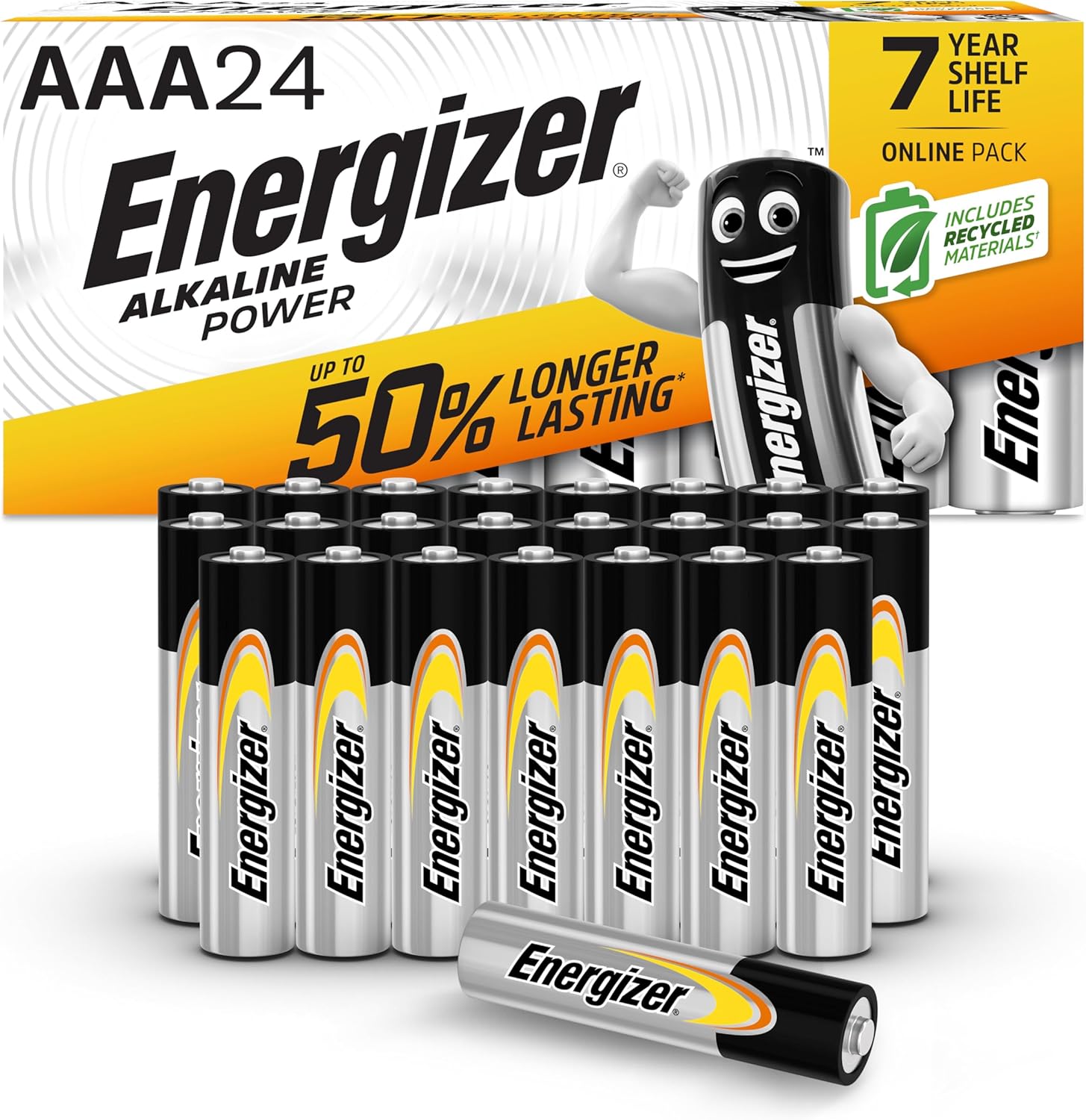 Energizer Alkaline Power - AAA Batteries (24 Pack) - Triple A Battery 1.5V - Up To 50% Longer Lasting - For Everyday Devices - 100% Recyclable Packaging - 7 Year Shelf-Life [Amazon Exclusive]