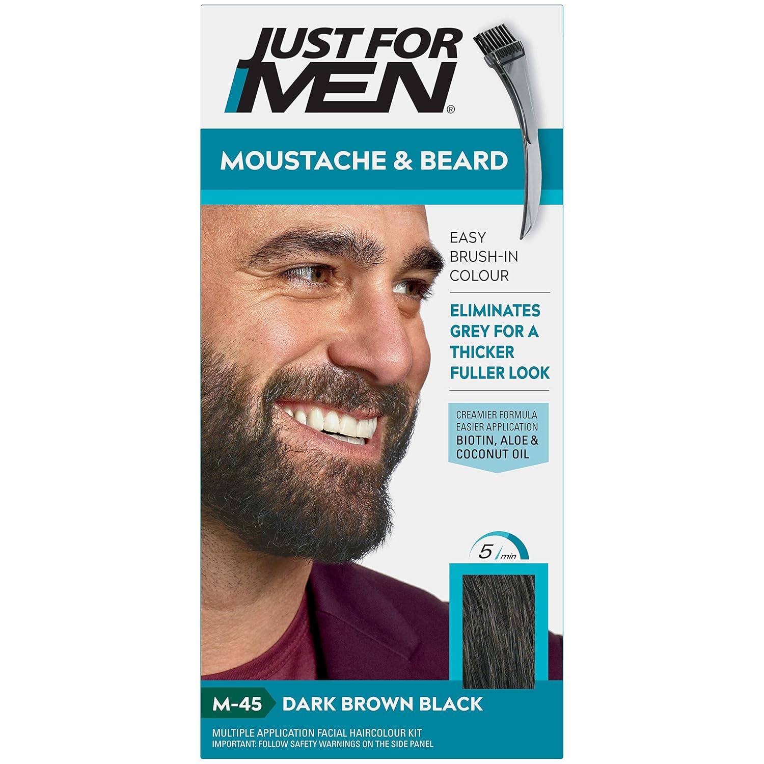Just for men Beard and Moustache Colour Gel for Brushing, Eliminates Grey Hair, Makes Coarse Facial Hair Soft and Supple, M45 - Black Brown, 40 g