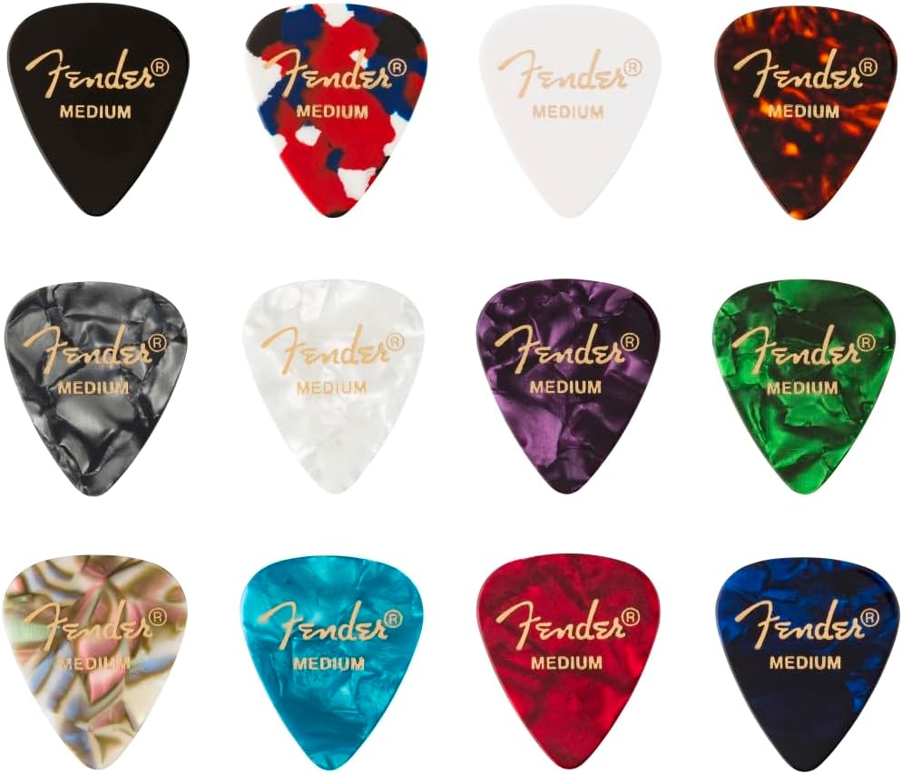 Fender Medium Gauge Guitar Picks, 351 Shape, Celluloid Medley Picks, Pack of 12 for Guitarists of All Levels