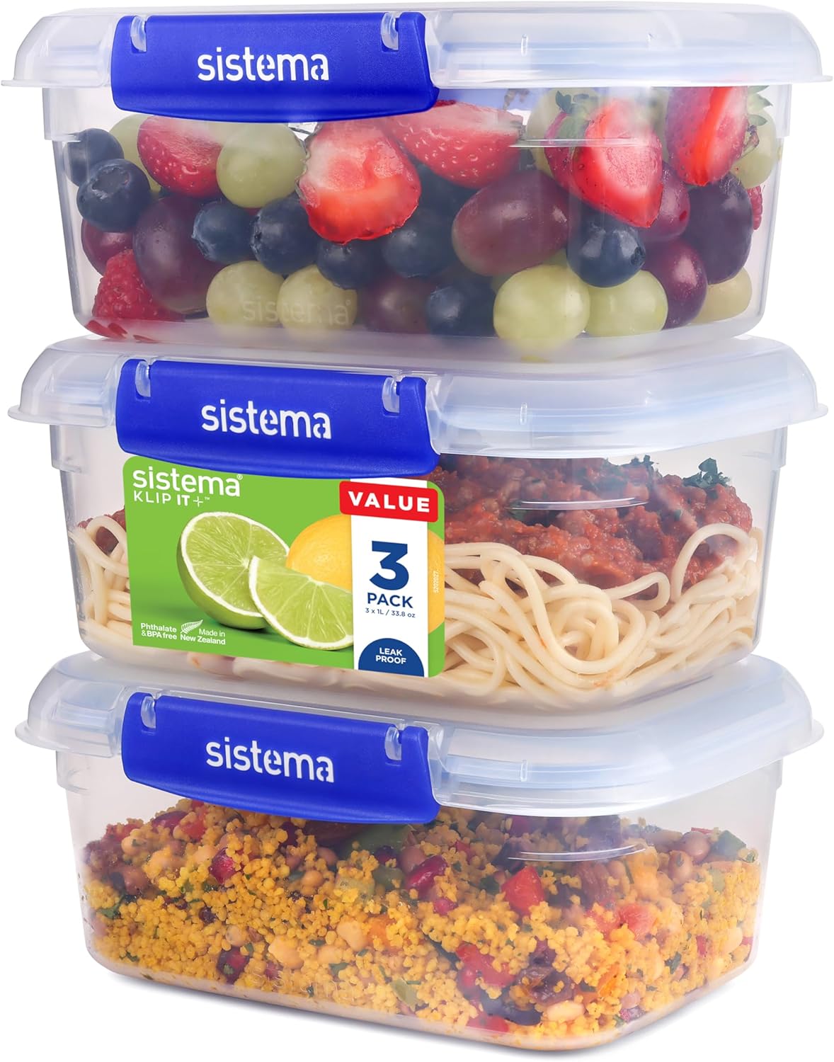 Sistema KLIP IT PLUS Leakproof Food Storage Containers | 1 L | AirtightStackable & Nestable Meal Prep Containers with Lids | School Lunch Boxes | 3 Count