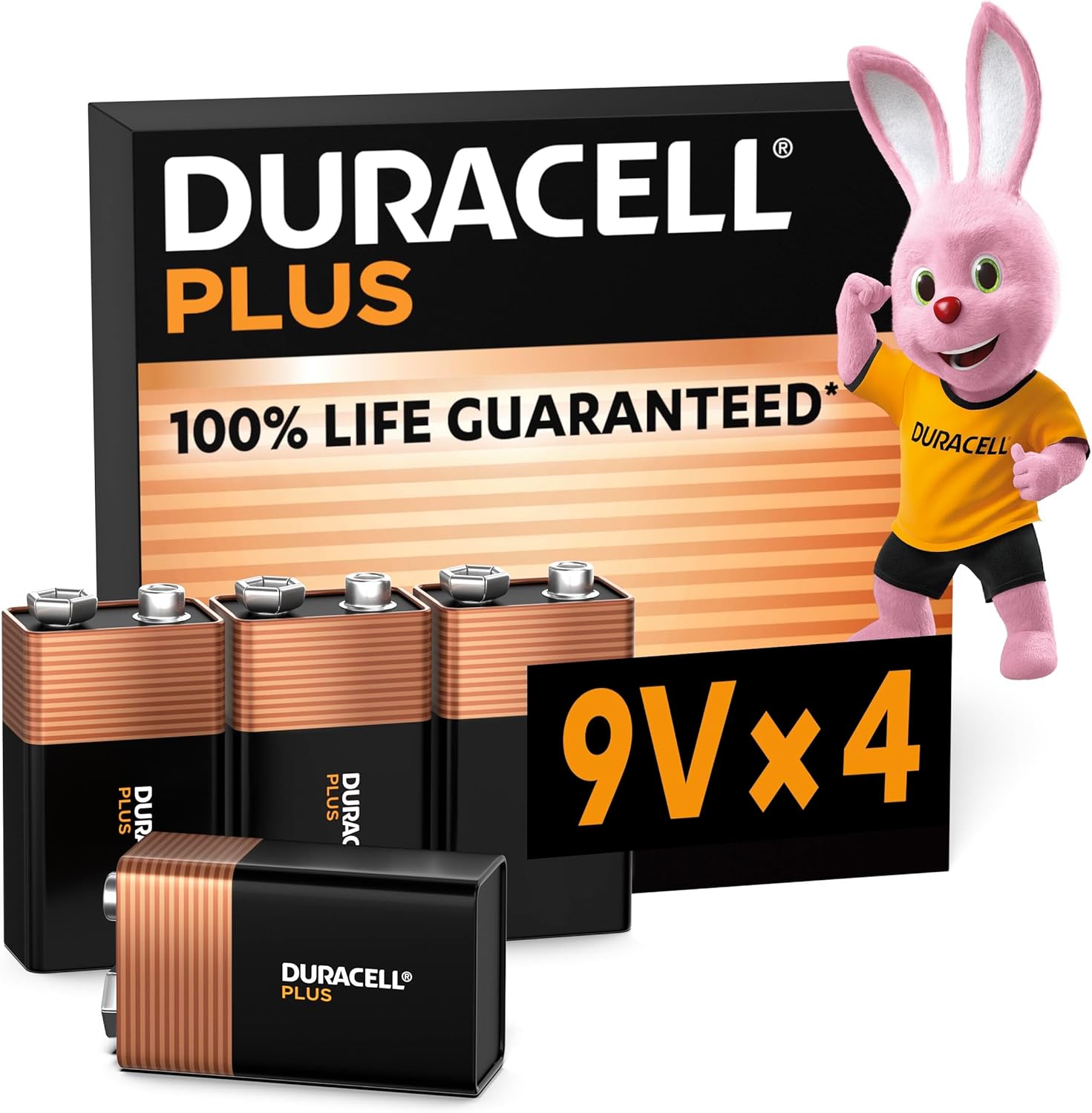 Duracell Plus 9V Batteries (4 Pack) - Alkaline - 100% Life Guaranteed - Reliability For Everyday Devices - 0% Plastic Packaging - 5-Year Storage - 6LR61 MN1604