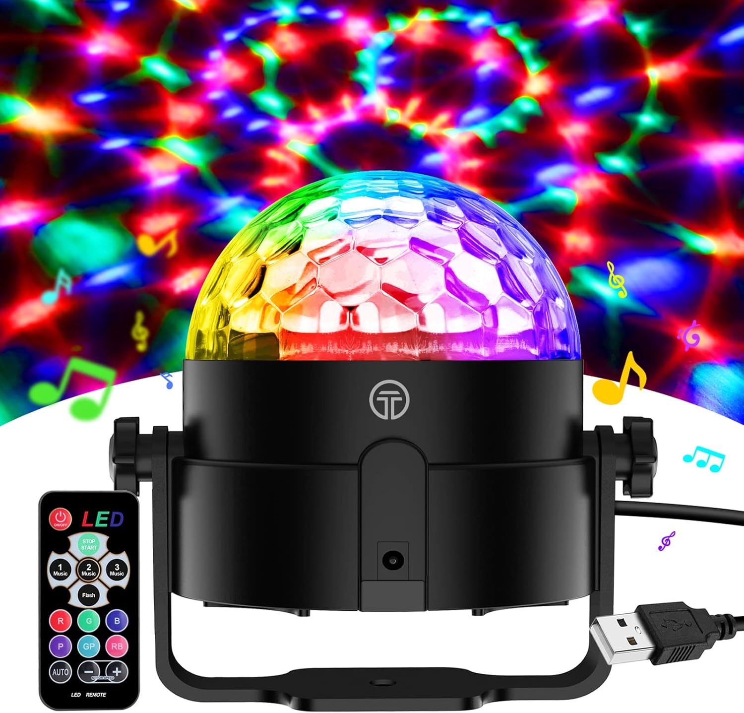 Disco Lights, 360°Rotation Sound Activated 【Portable 】 Disco Ball Lights with 4M/13ft USB Power Cable, 3W RGB Party Lights with Remote Control for Birthday/Family Gathering/Party/Home