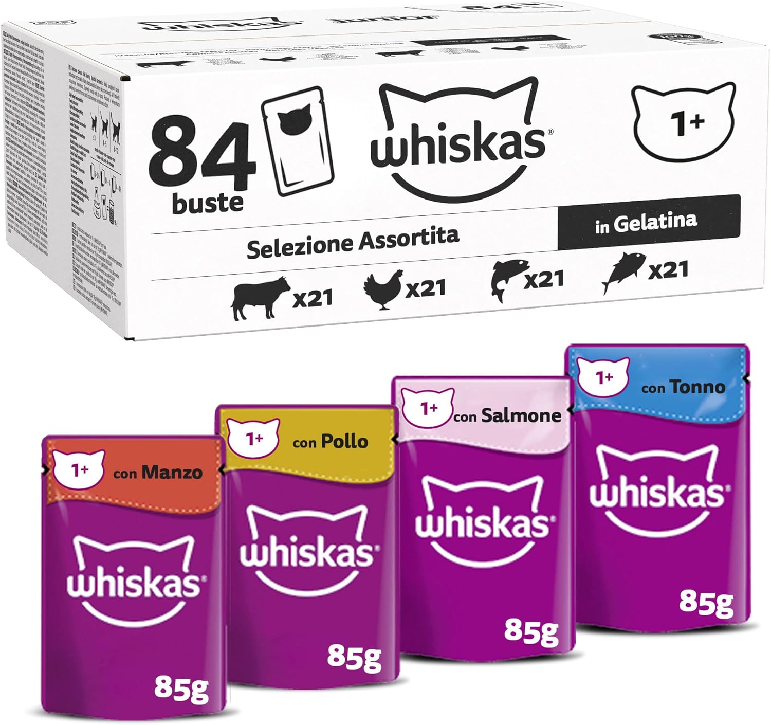 Whiskas 1+ Katzennassfutter – Gemischte Auswahl in Gelee, 84x85g (1 Großpackung) – Hochwertiges Feuchtfutter für ausgewachsene Katzen im Portionsbeutel
