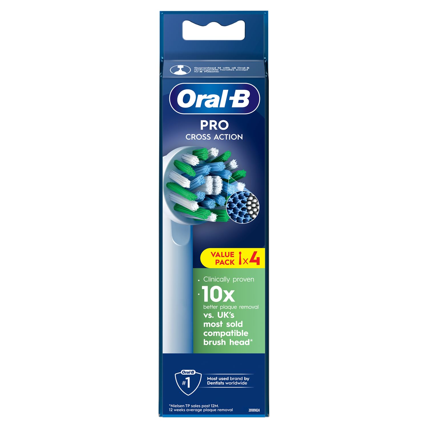 Oral-B Pro Cross Action Electric Toothbrush Heads X Shape and Angled Bristles for Deeper Plaque Removal, Pack of 4 White Toothbrush Heads