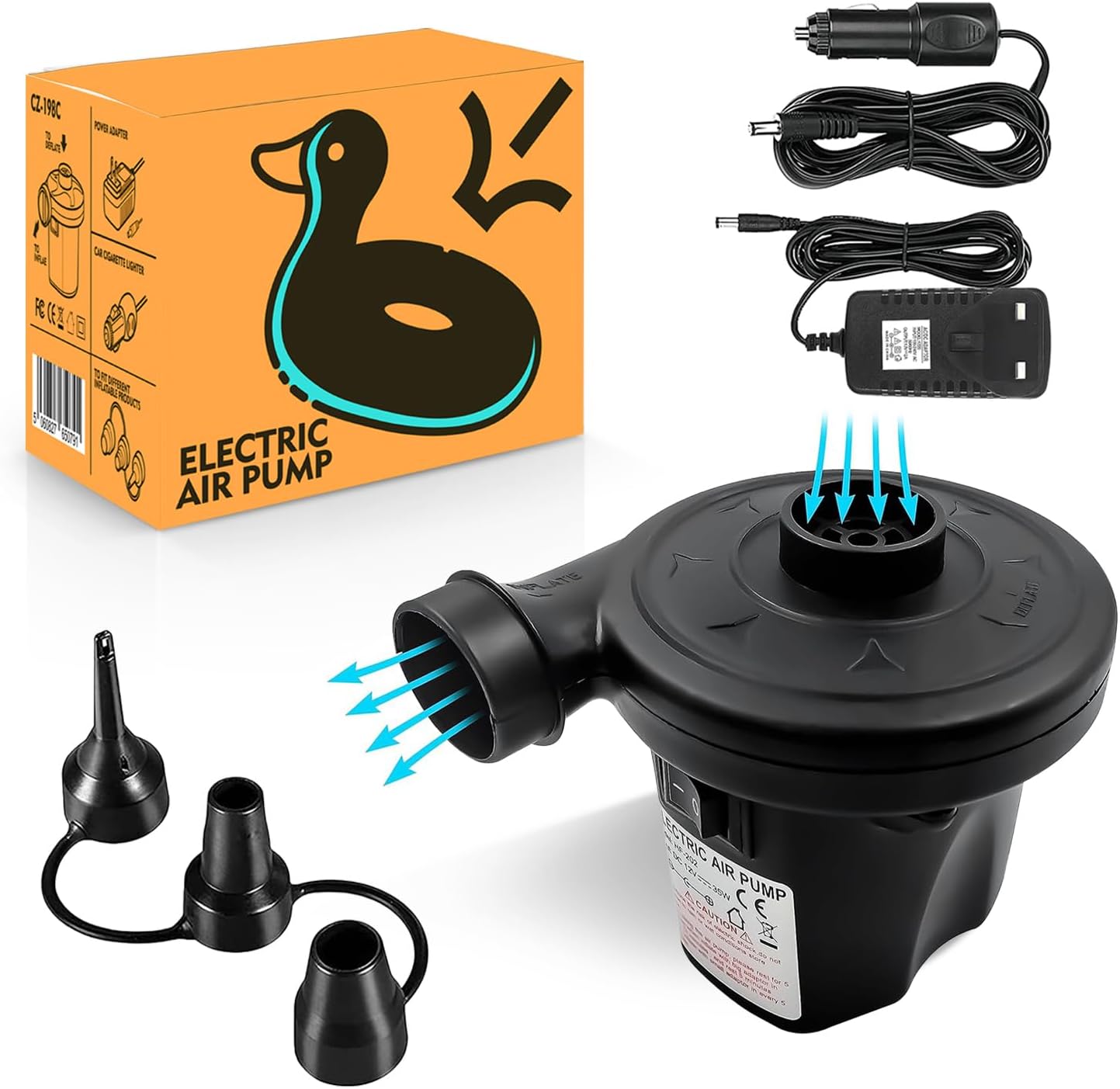 Roe Tenpo Electric Air Pump with 3 Nozzles/Inflate Or Deflate Swimming Ring, Airbeds, Paddling Pools & Other Toys / AC110-240V/ DC12V/50W (Black-Air-Pump)