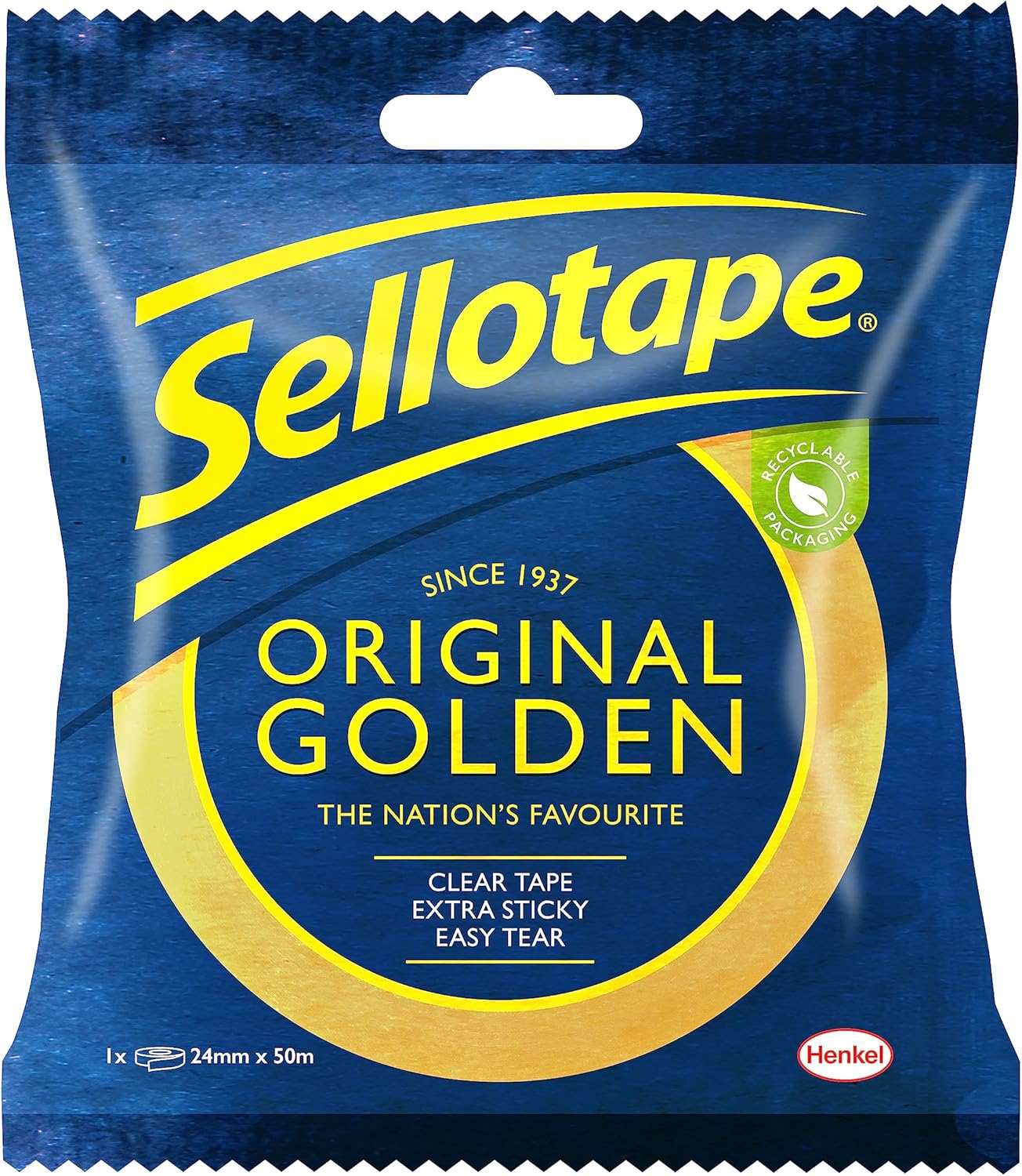 Sellotape Original Golden, Multi-Purpose Clear Tape for Household Objects, Clear Packing Tape for Sticking Envelopes or Cards, Easy to Use Packaging Tape, 24mmx50m