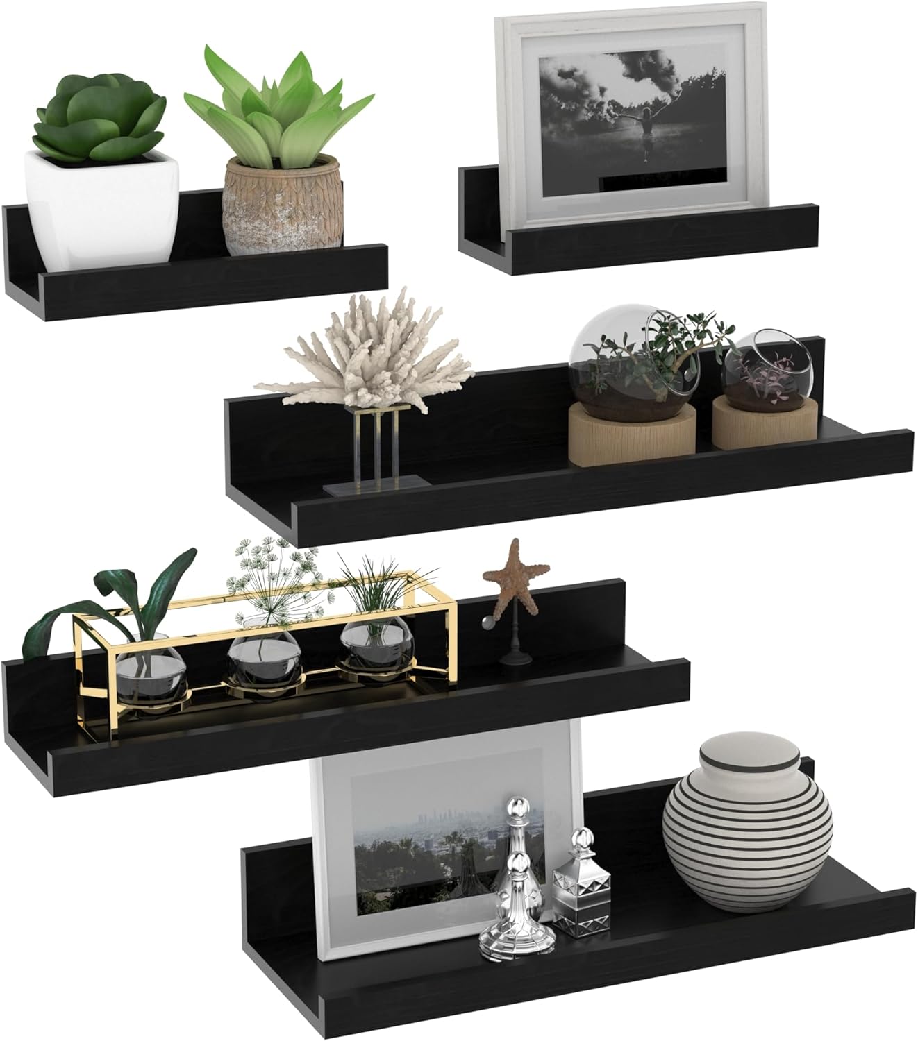 Giftgarden Floating Shelves Set of 5 in Different Sizes, Black Wall Mounted Picture Ledge shelf for Kitchen, Bedroom, Living Room, and Office Storage - 40cm