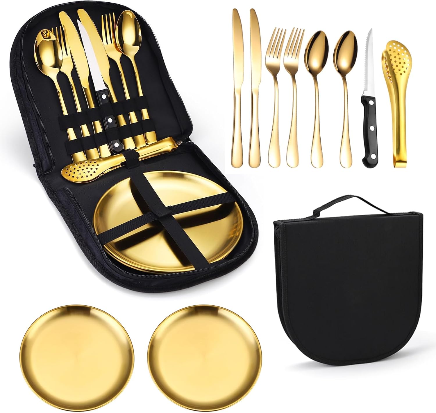 Sternstunde Camping Tableware, Camping Tableware Set for 2 People, 13 Pieces, Portable and Durable Stainless Steel Outdoor Tableware for Outdoor, Camping, Picnic, BBQ and Hiking (Gold)