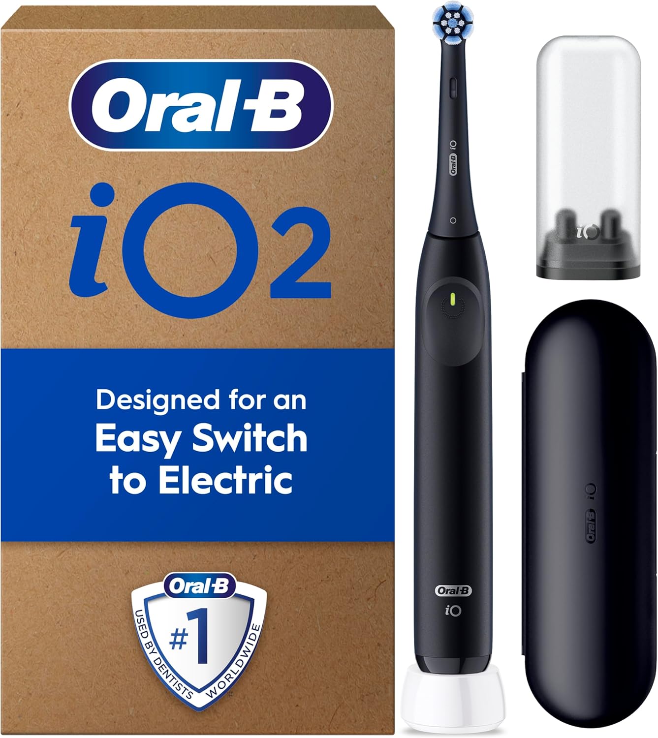 Oral-B iO2 Night Black Electric Toothbrush, 1 Toothbrush Head, 1 Travel Case, 1 Travel Refill Holder, Designed by Braun